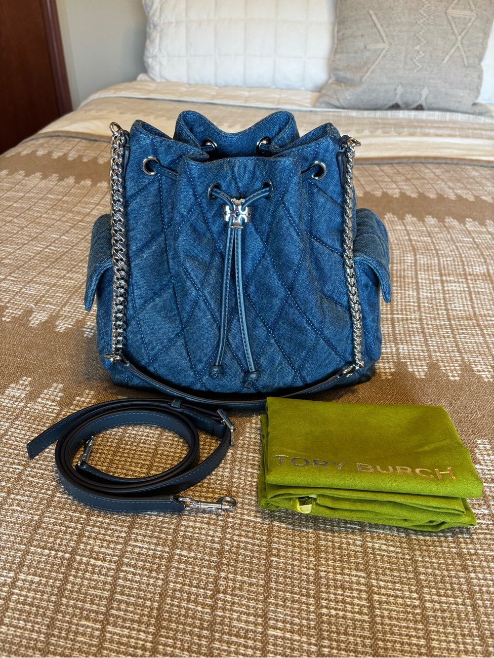 Tory Burch Charlie Quilted Denim Drawstring Bag